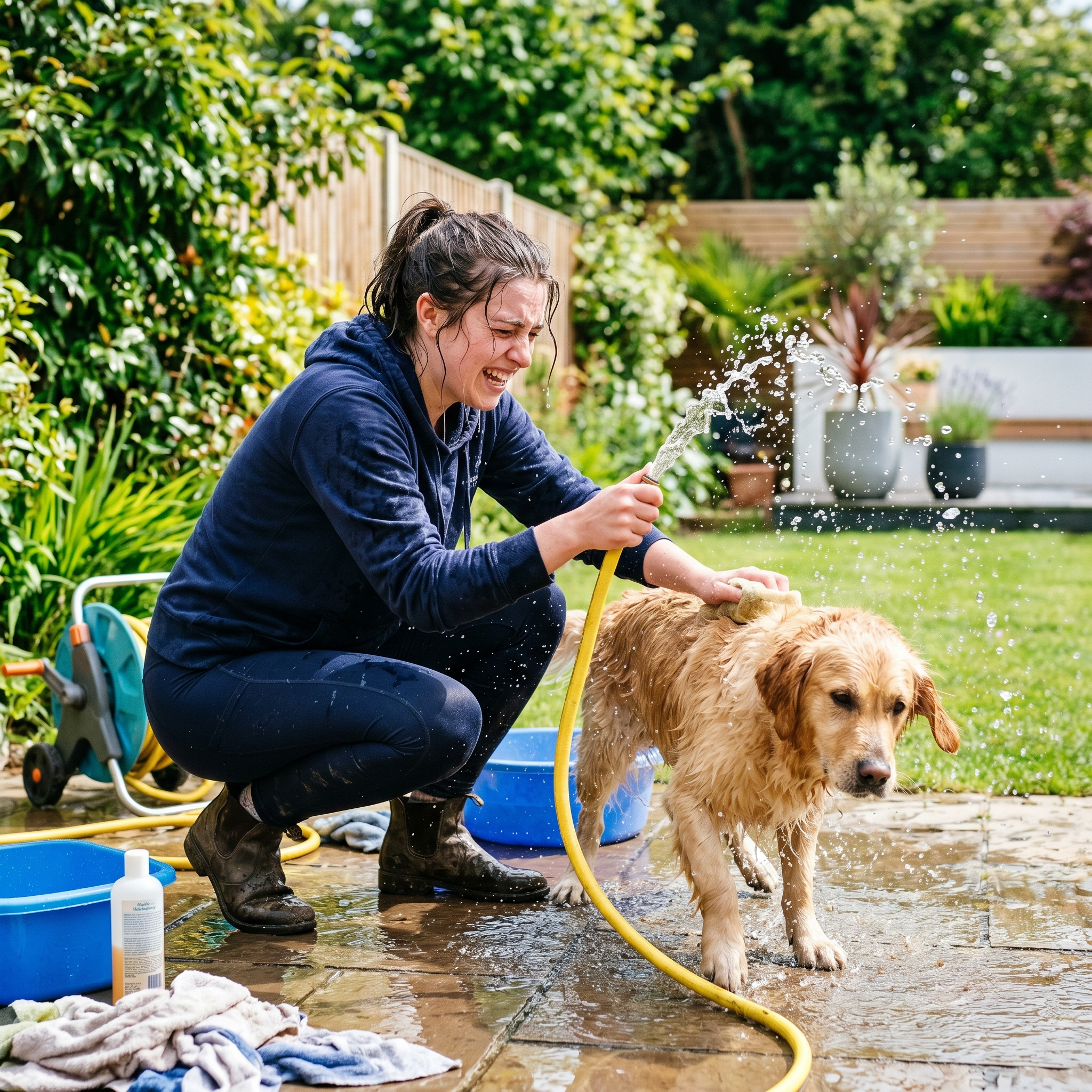 Garden hose soaking the bathroom