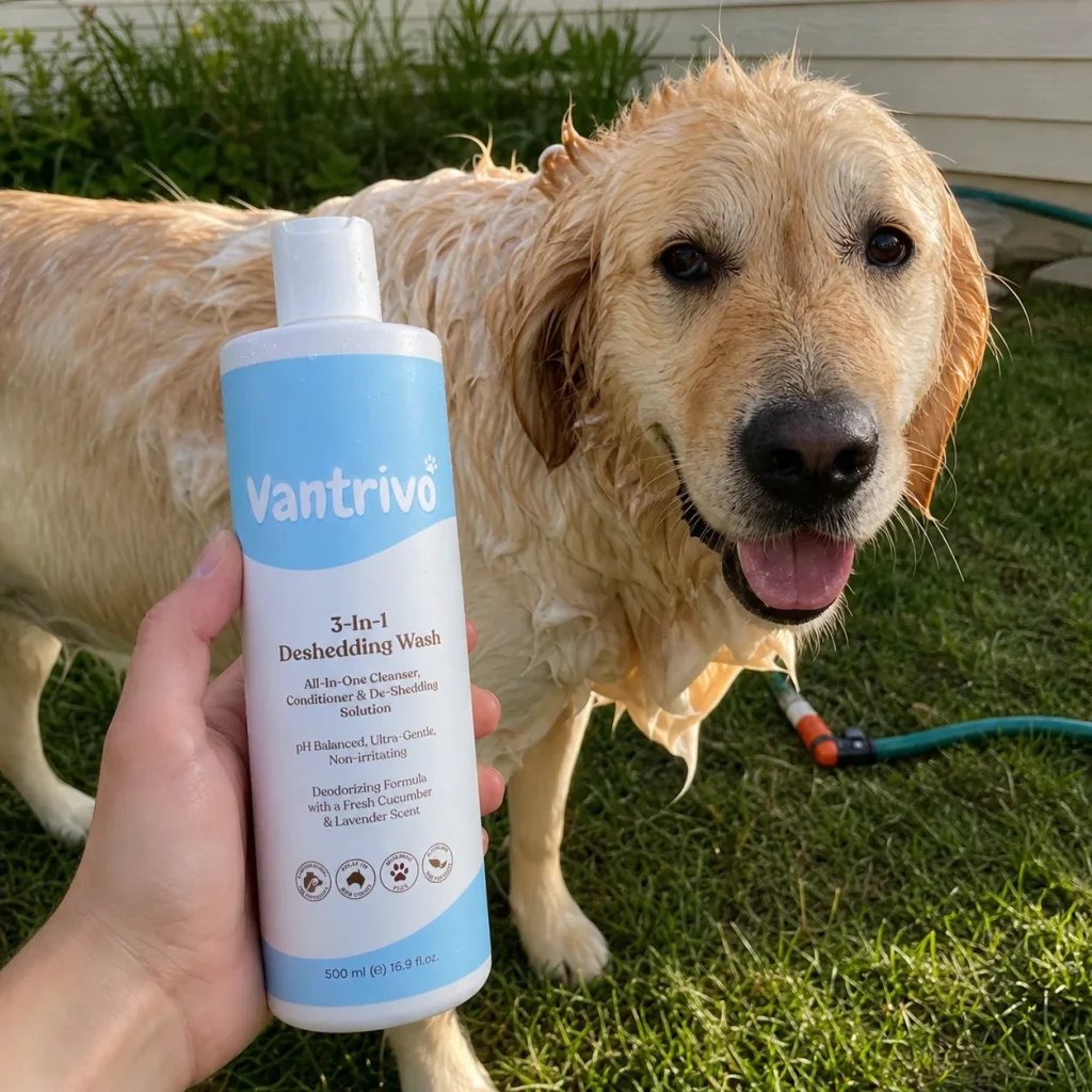 Vantrivo Deshedding wash in use with a golden retriever in a backyard setting
