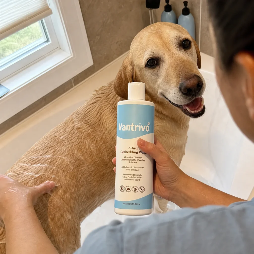 Vantrivo Deshedding wash in use with a labrador in a bathroom tub setting