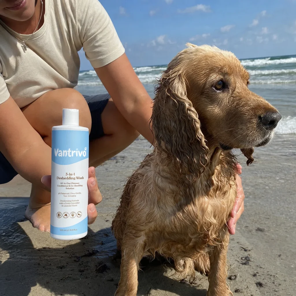 Vantrivo Deshedding wash in use with a cocker spaniel in a beach setting