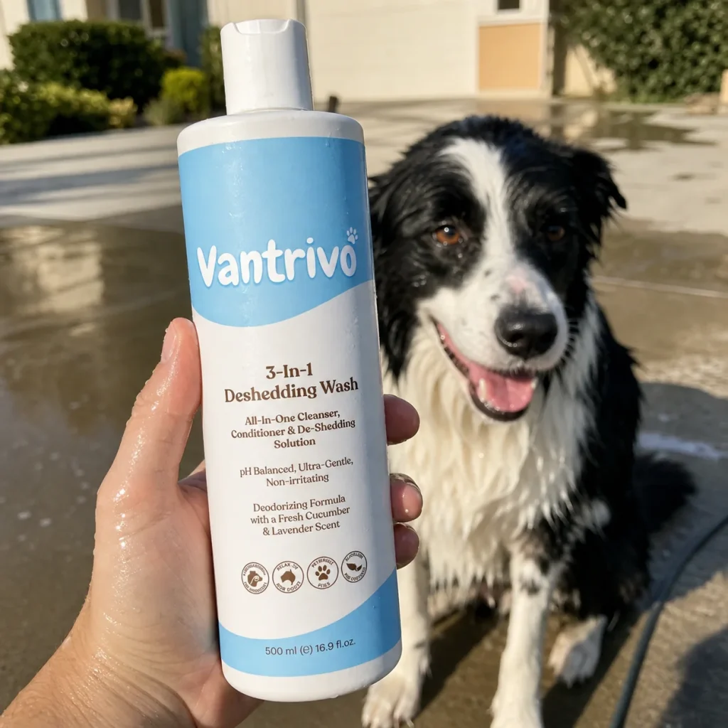 Vantrivo Deshedding wash in use with a border collie in a driveway setting