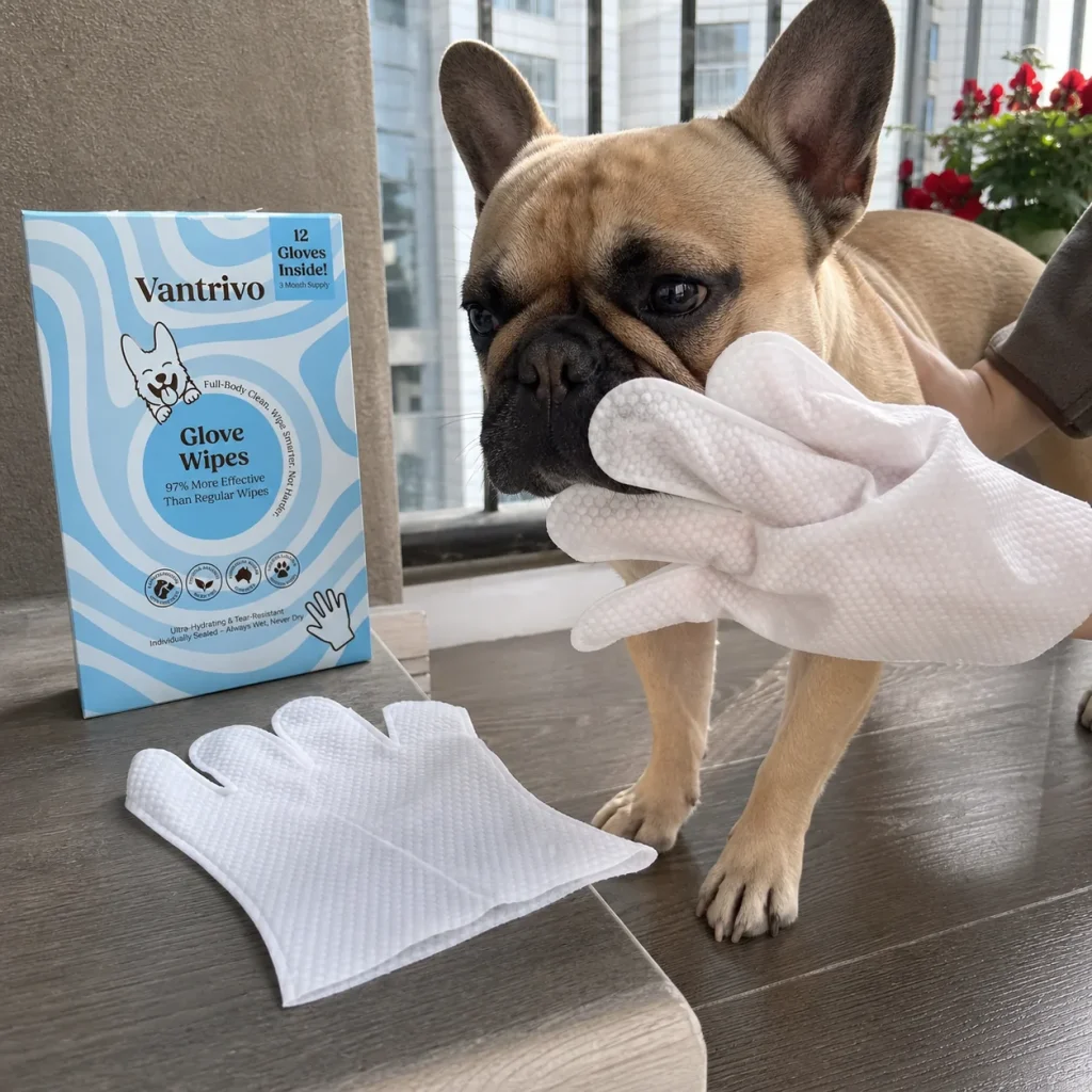 Vantrivo GroomMitt in use with a french bulldog in a apartment balcony setting
