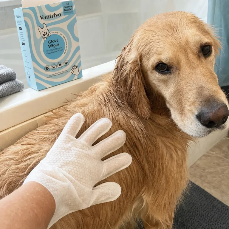 Vantrivo GroomMitt in use with a golden retriever in a bathroom tub setting