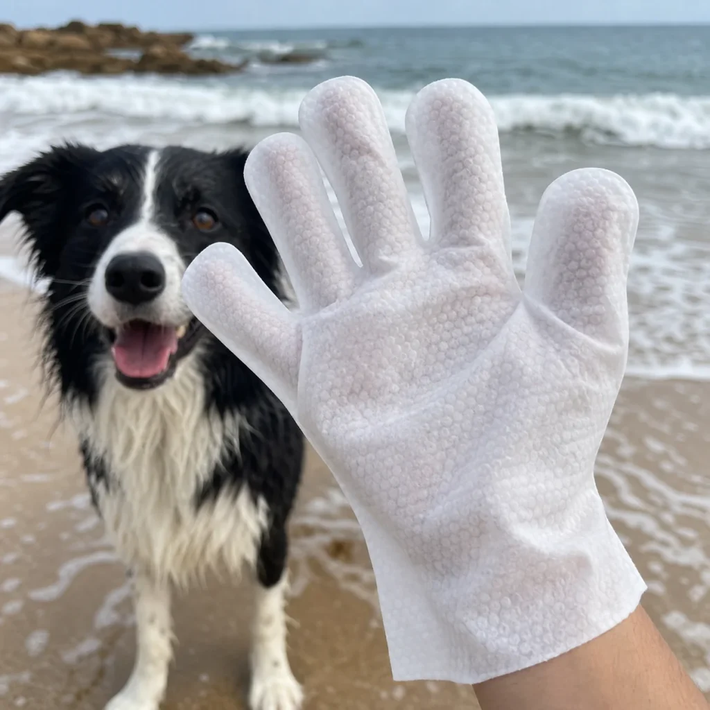 Vantrivo GroomMitt in use with a border collie in a beach setting