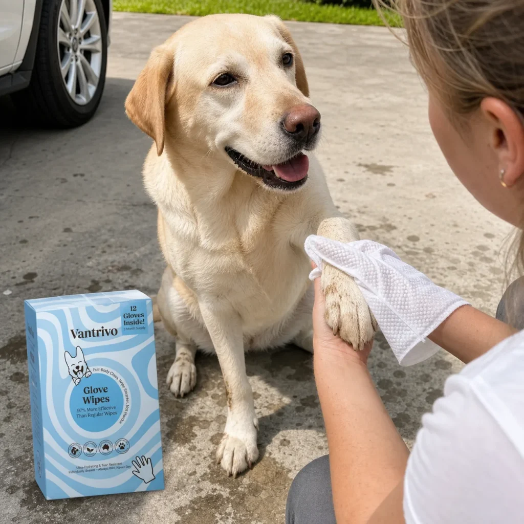 Vantrivo GroomMitt in use with a labrador in a driveway setting
