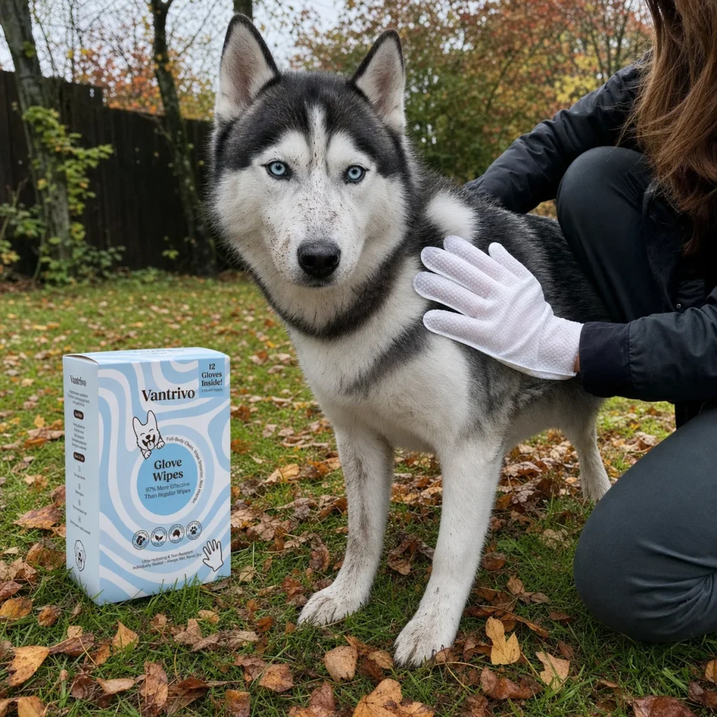 Vantrivo GroomMitt in use with a husky in a muddy autumn garden setting