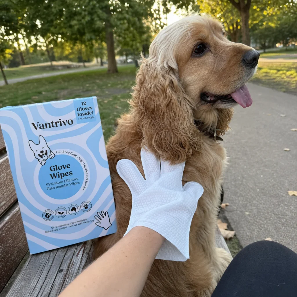 Vantrivo GroomMitt in use with a cocker spaniel in a park bench setting