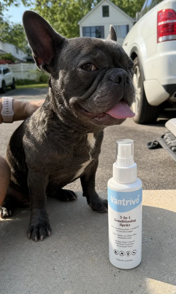 Vantrivo Leave-in spray in use with a french bulldog in a driveway setting