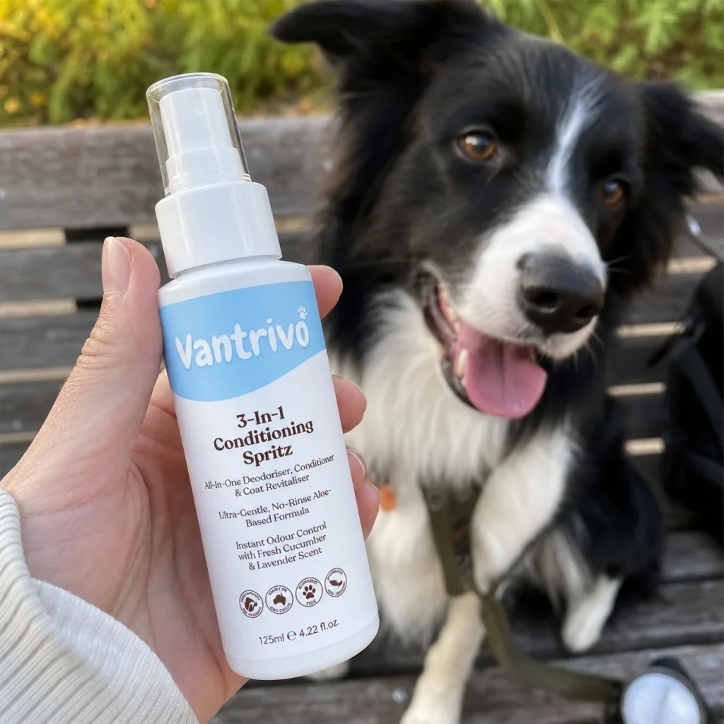 Vantrivo Leave-in spray in use with a border collie in a park bench setting