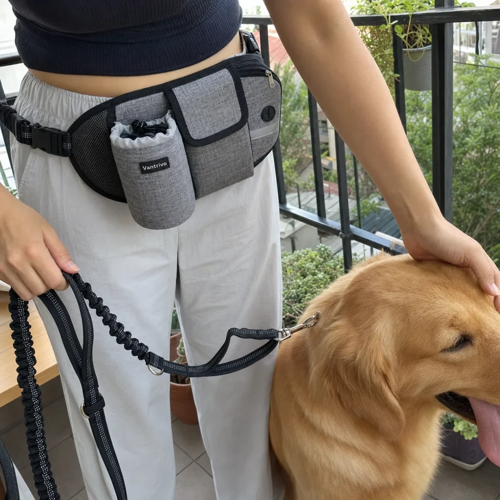 Vantrivo WalkPro in use with a golden retriever in a apartment balcony setting