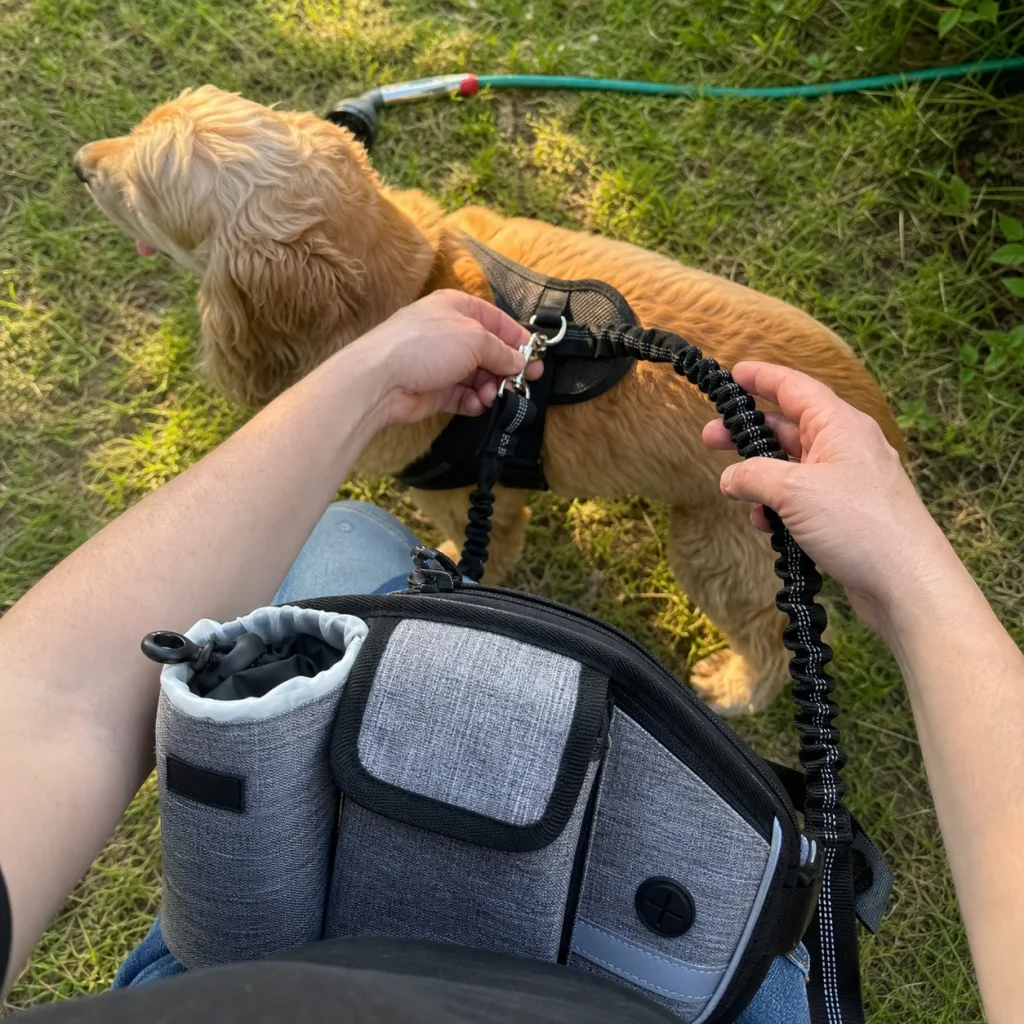 Vantrivo WalkPro in use with a cocker spaniel in a backyard setting