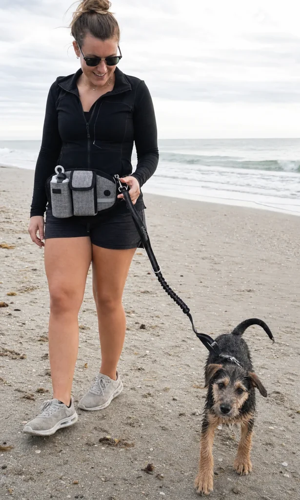 Vantrivo WalkPro in use with a mixed-breed puppy in a beach setting