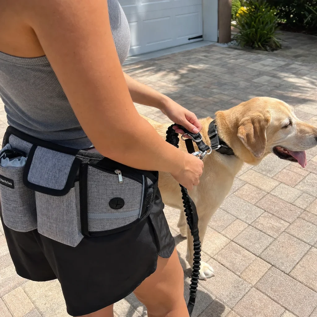 Vantrivo WalkPro in use with a labrador in a driveway setting