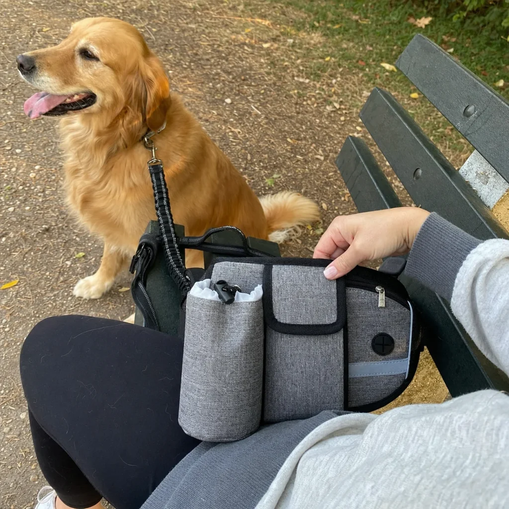 Vantrivo WalkPro in use with a golden retriever in a park bench setting