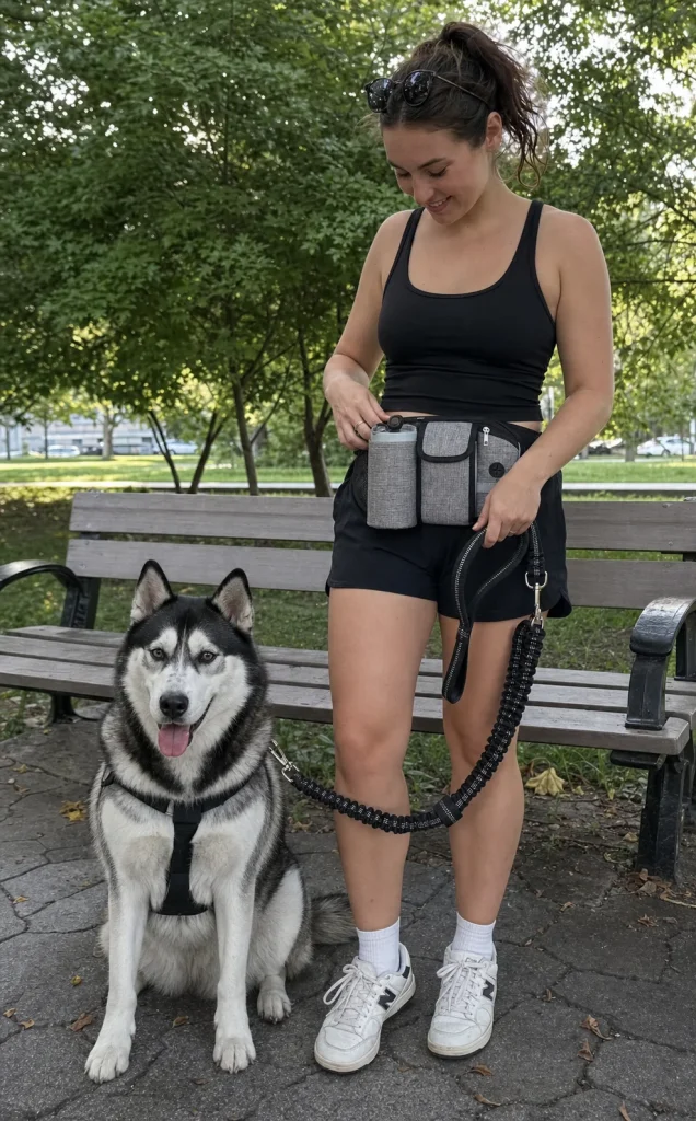 Vantrivo WalkPro in use with a husky in a park bench setting