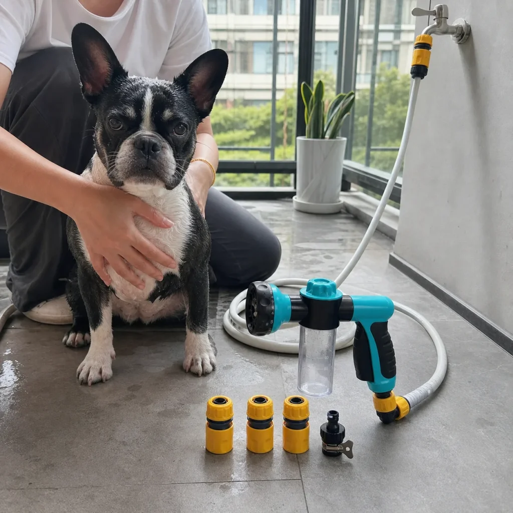 Vantrivo WashPro adapter kit in use with a french bulldog in a apartment balcony setting