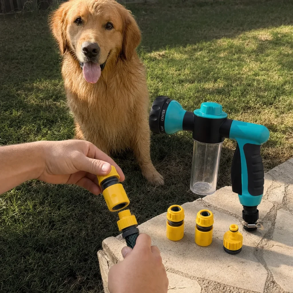 Vantrivo WashPro adapter kit in use with a golden retriever in a backyard setting