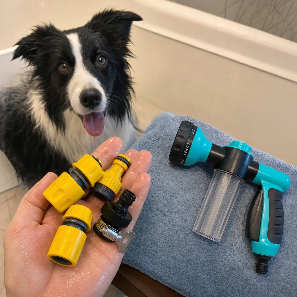 Vantrivo WashPro adapter kit in use with a border collie in a bathroom tub setting
