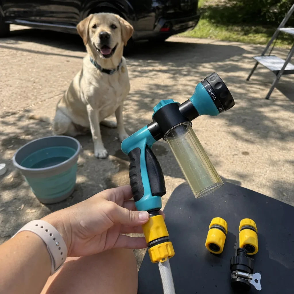 Vantrivo WashPro adapter kit in use with a labrador in a driveway setting