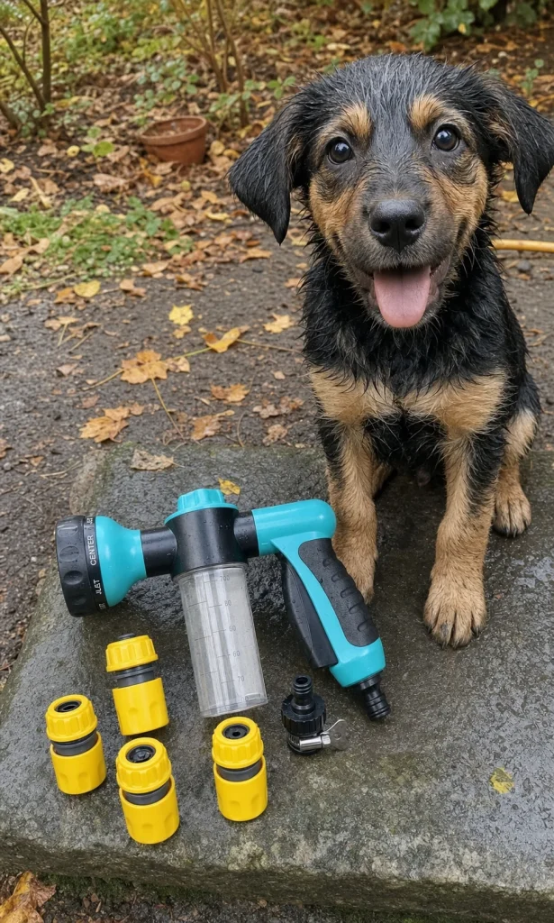 Vantrivo WashPro adapter kit in use with a mixed-breed puppy in a muddy autumn garden setting