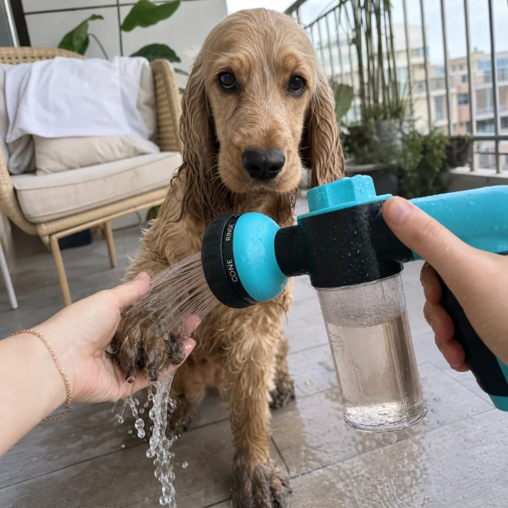 Vantrivo WashPro in use with a cocker spaniel in a apartment balcony setting