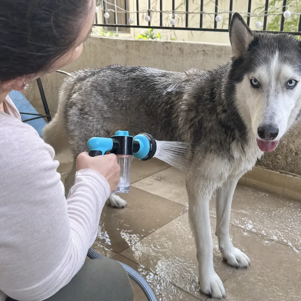 Vantrivo WashPro in use with a husky in a apartment balcony setting
