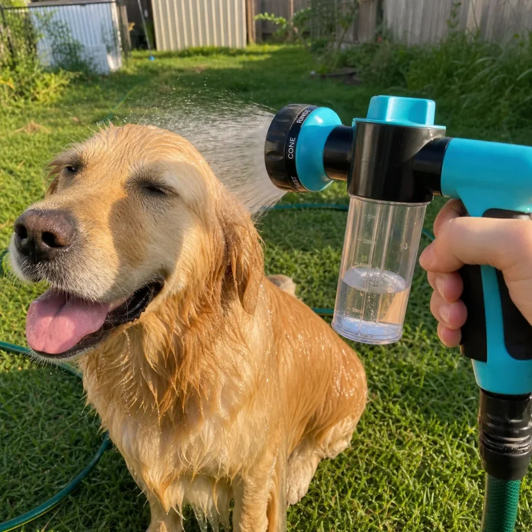 Vantrivo WashPro in use with a golden retriever in a backyard setting
