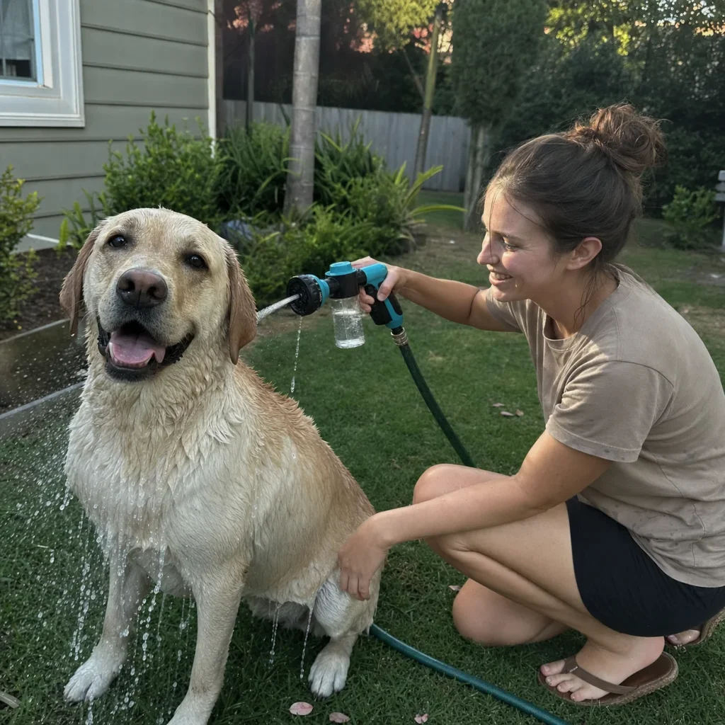 Vantrivo WashPro in use with a labrador in a backyard setting