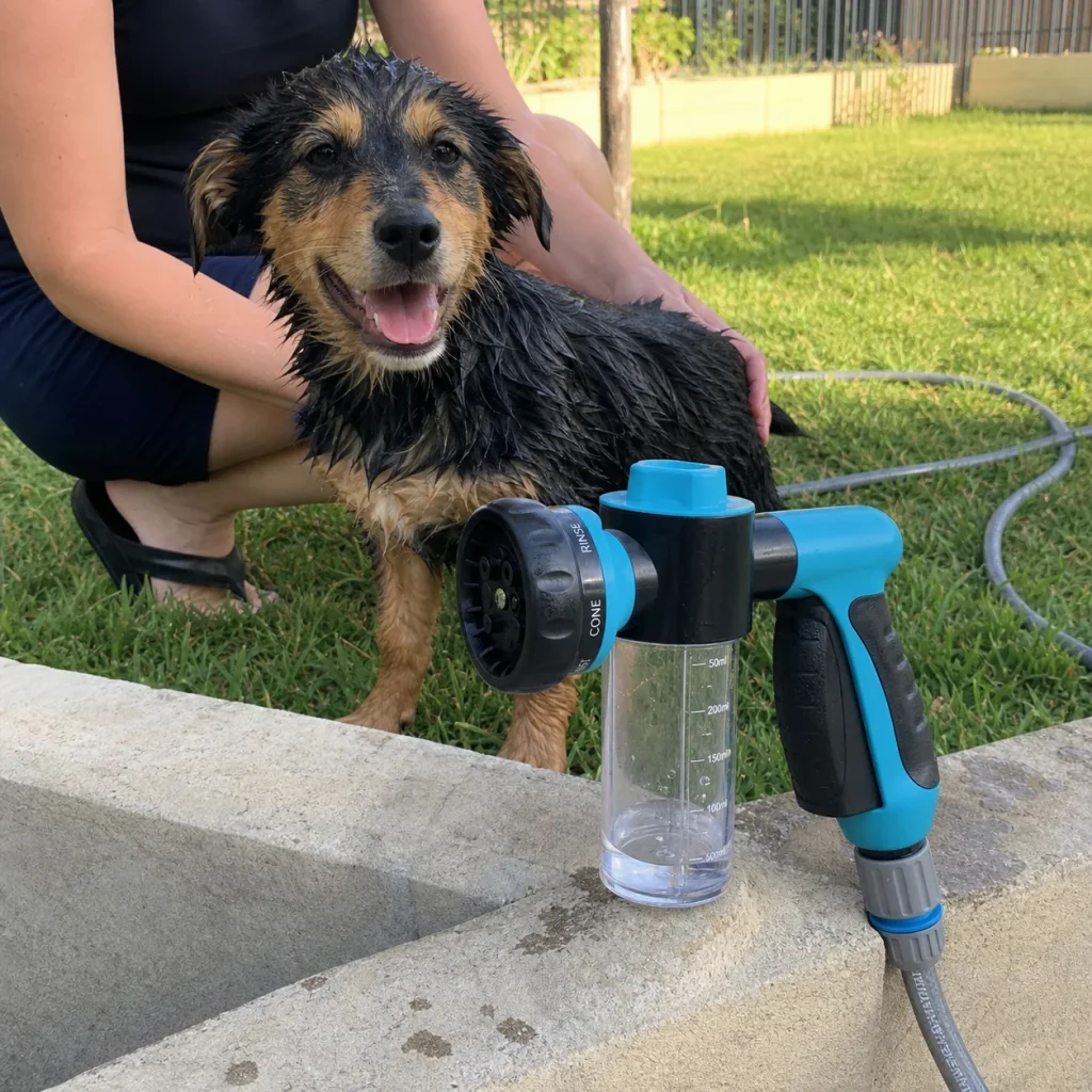 Vantrivo WashPro in use with a mixed-breed puppy in a backyard setting