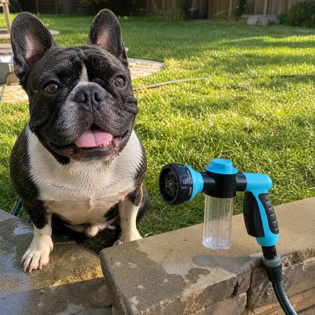 Vantrivo WashPro in use with a french bulldog in a backyard setting