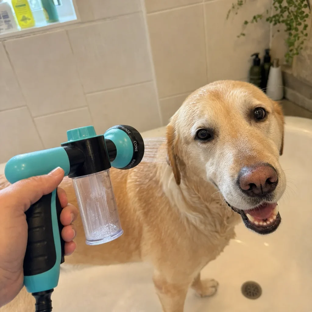 Vantrivo WashPro in use with a labrador in a bathroom tub setting