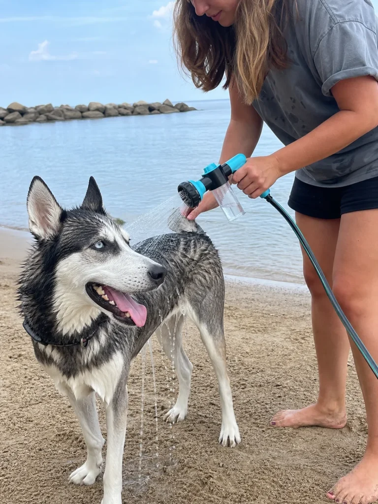 Vantrivo WashPro in use with a husky in a beach setting