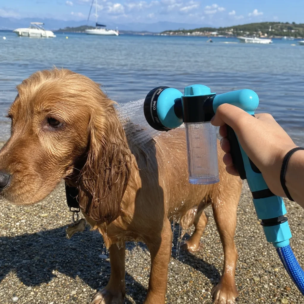 Vantrivo WashPro in use with a cocker spaniel in a beach setting
