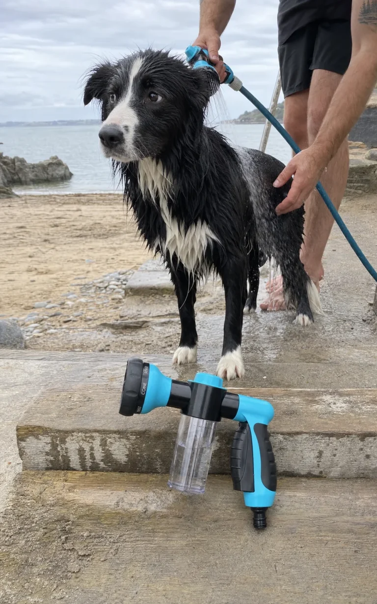 Vantrivo WashPro in use with a border collie in a beach setting
