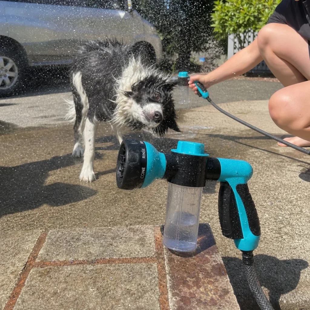Vantrivo WashPro in use with a border collie in a driveway setting