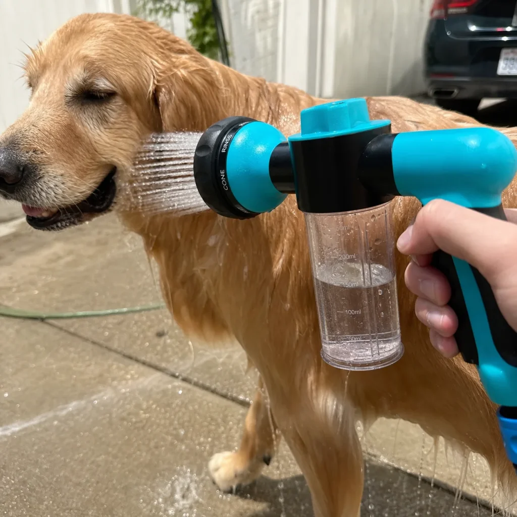 Vantrivo WashPro in use with a golden retriever in a driveway setting