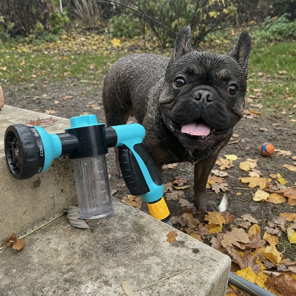 Vantrivo WashPro in use with a french bulldog in a muddy autumn garden setting