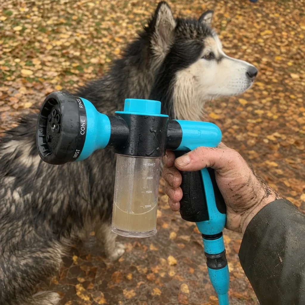 Vantrivo WashPro in use with a husky in a muddy autumn garden setting