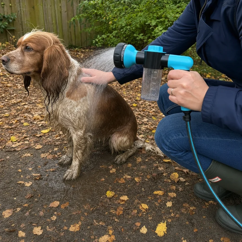 Vantrivo WashPro in use with a cocker spaniel in a muddy autumn garden setting