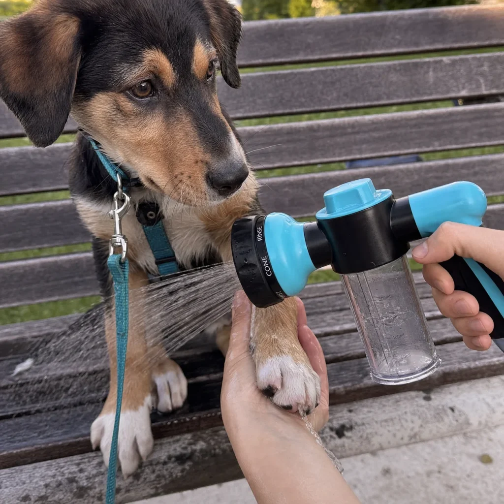 Vantrivo WashPro in use with a mixed-breed puppy in a park bench setting