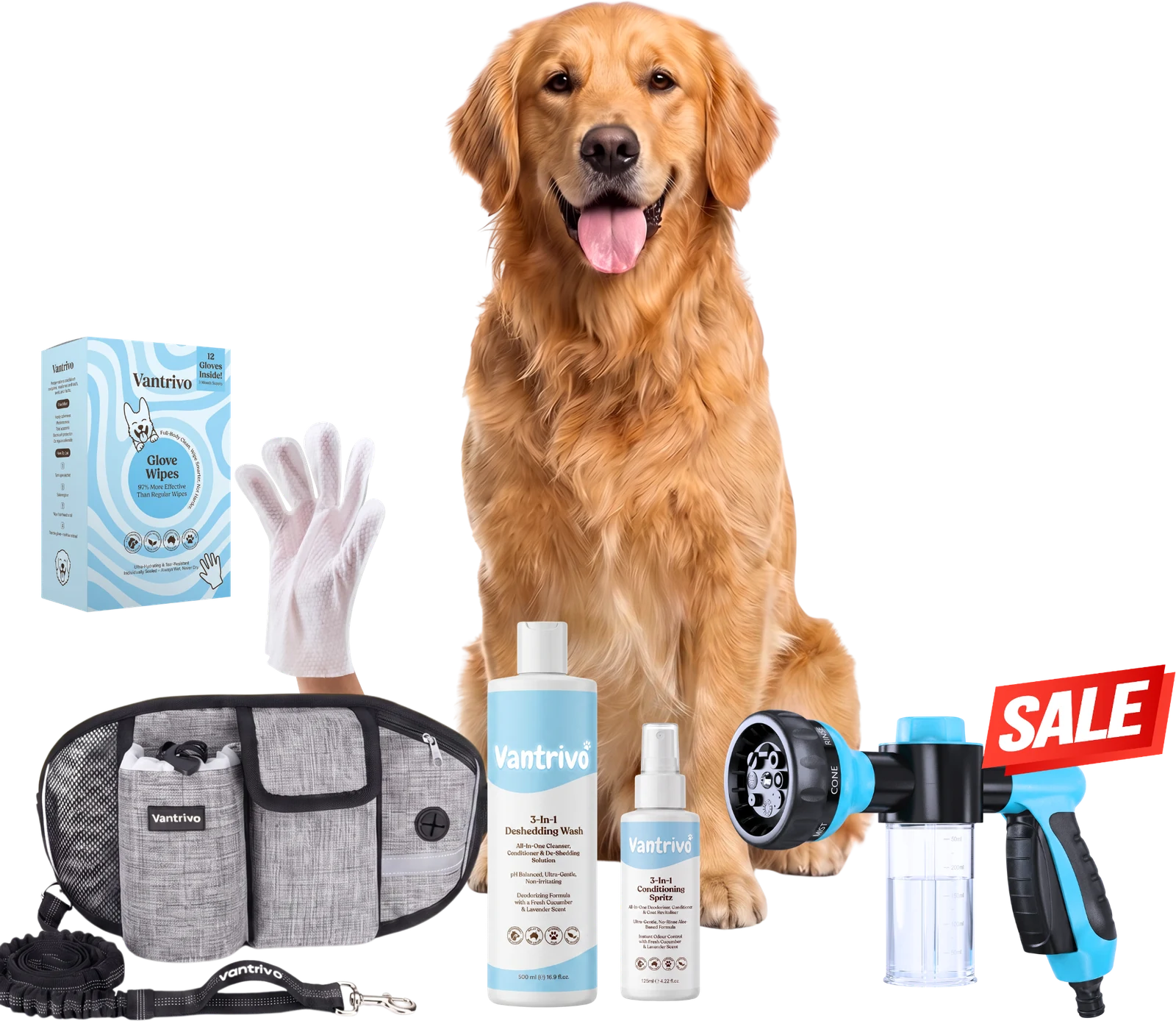 The full Vantrivo dog grooming collection with a golden retriever — WashPro sprayer on sale, 3-in-1 Deshedding Wash, Conditioning Spritz, Glove Wipes and travel kit