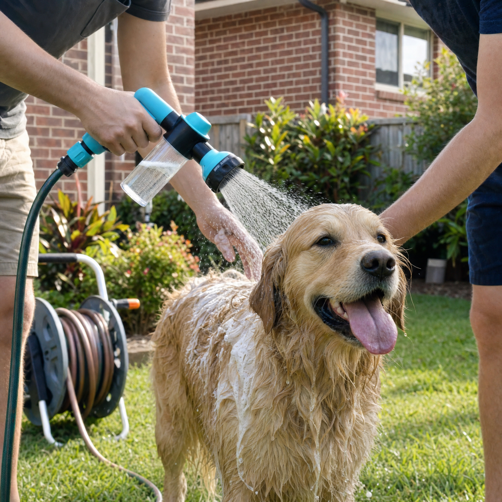 WashPro in use washing a golden retriever