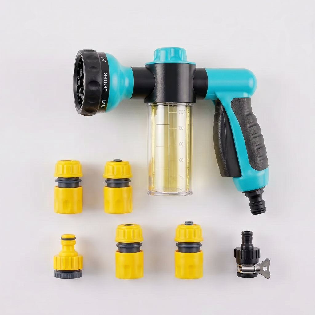 Vantrivo WashPro kit flat lay with all adapters